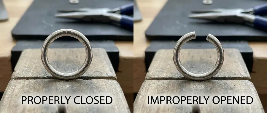 Side-by-side comparison of a properly closed jump ring versus an improperly opened one