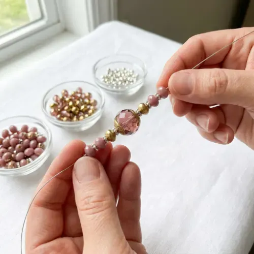 Hands threading dusty rose and gold glass beads onto silver beading wire with small spacer beads between each larger bead and a focal bead at the center
