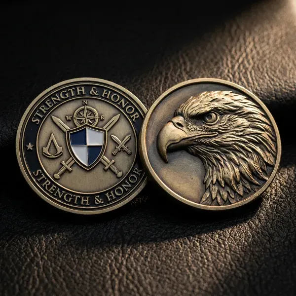 Two custom challenge coins side by side comparing flat 2D engraved design on the left with deep 3D sculpted relief artwork on the right under dramatic side lighting