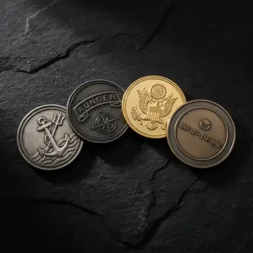 Four custom challenge coins with different military branch insignia and finishes arranged on a dark surface representing branch traditions and Special Operations coin culture