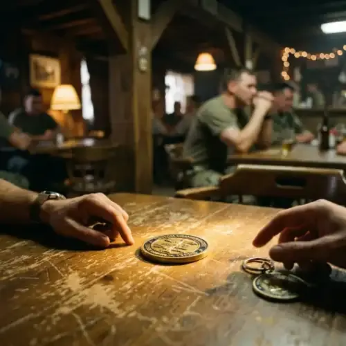 Custom challenge coin placed on a wooden bar surface during a coin check with hands reaching for coins in the background representing challenge coin rules and etiquette
