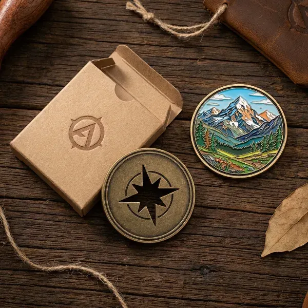 Custom challenge coin with cutout design placed next to branded packaging box and offset printed coin on a dark wooden surface showing premium kitting presentation