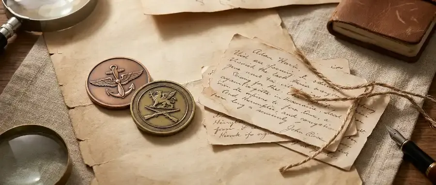 Two custom challenge coins with different military insignia alongside weathered note cards representing the conflicting origin stories and common misconceptions in challenge coin history