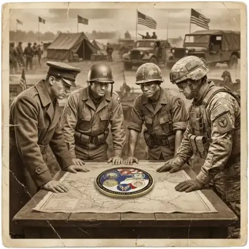 Vintage military personnel photo alongside a modern custom challenge coin showing the historical origins of the challenge coin tradition