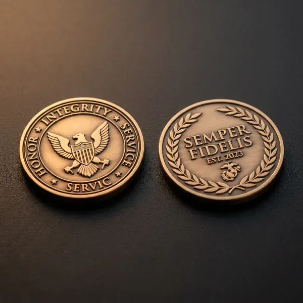 Custom challenge coin showing obverse with central seal and insignia on the left and reverse with motto and achievement text on the right