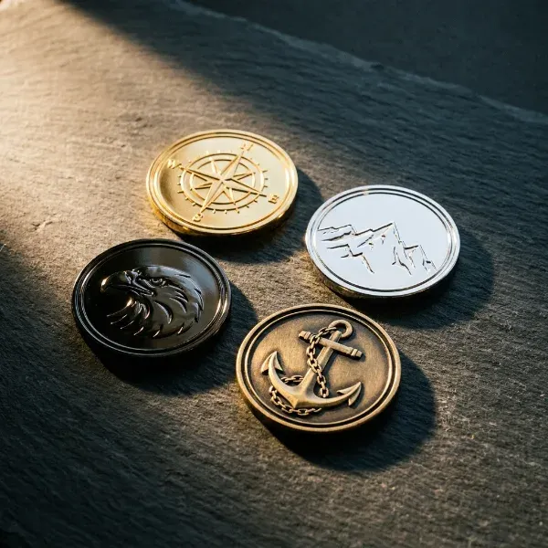 Four custom challenge coins arranged on a dark surface showing gold plating, polished silver, black nickel, and antique finish side by side under dramatic side lighting