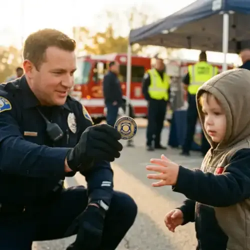 Police officer presenting a custom challenge coin to a child during a community outreach event representing how challenge coins spread into law enforcement and public safety