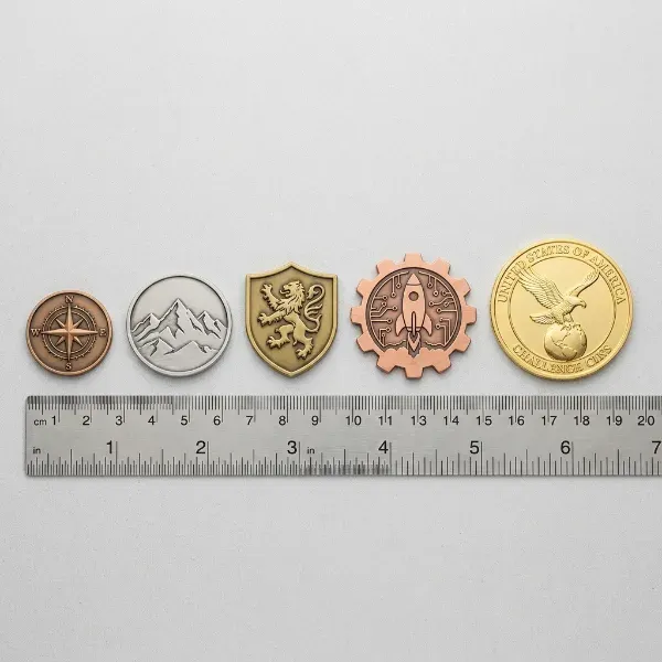 Five custom challenge coins arranged by size and shape on a gray surface with a ruler showing diameter range from smallest to largest
