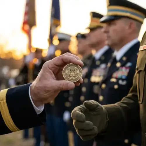 Military unit commander presenting a custom challenge coin to a soldier during a formal ceremony representing unit pride and esprit de corps
