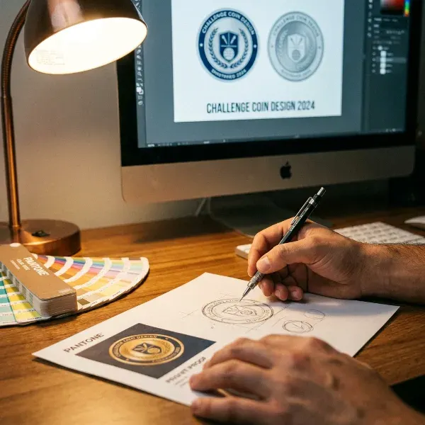 Designer's hands at a desk with a printed challenge coin digital proof, Pantone swatch book, and rough sketch alongside a monitor showing vector artwork in the background