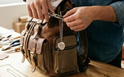 charm on cord dangling from backpack