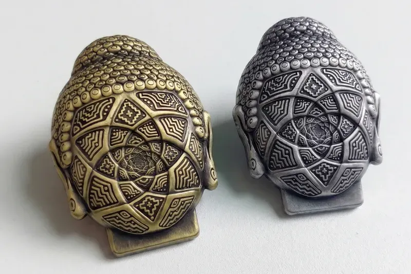 Custom die struck pin with geometric design in antique metal finish