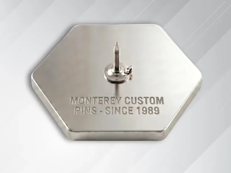Custom pin backside with engraved text detail