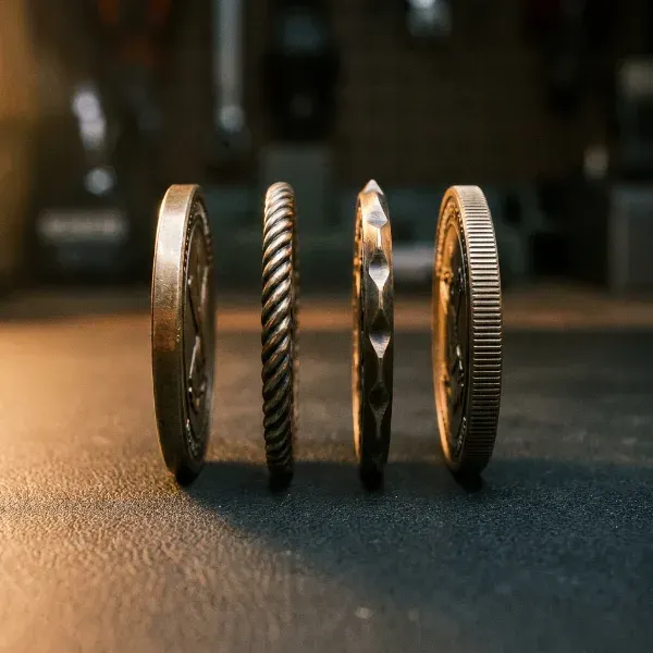 Four custom challenge coins standing upright in a row showing standard, rope, spur, and reeded edge styles under directional side lighting