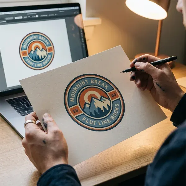 Person reviewing a printed digital proof for a custom PVC patch order with a pen in hand and laptop in background