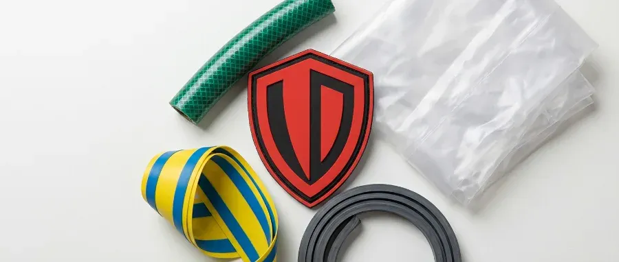 Custom PVC patch surrounded by everyday objects made from the same polyvinyl chloride material family including garden hose and rain gear fabric