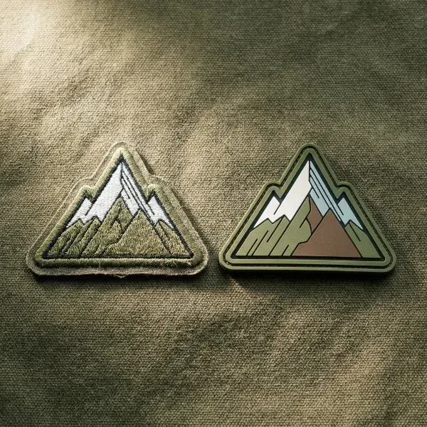 Side-by-side comparison of an embroidered patch and a PVC patch showing the same design with visible differences in edge sharpness and fine line detail