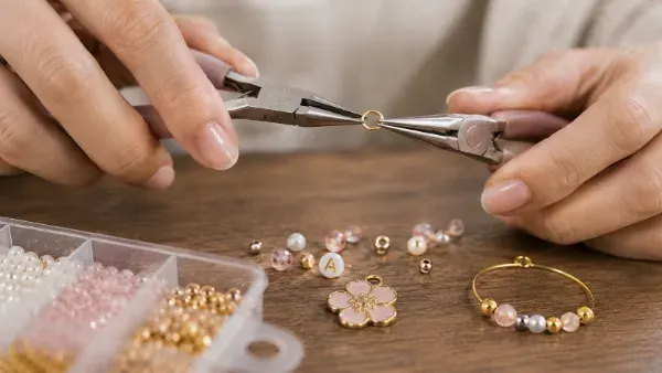 Hands using needle-nose pliers to assemble a beaded wine glass charm