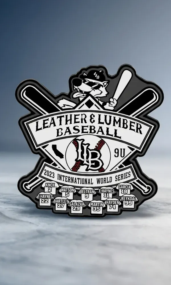 Leather and Lumber black and white trading pin