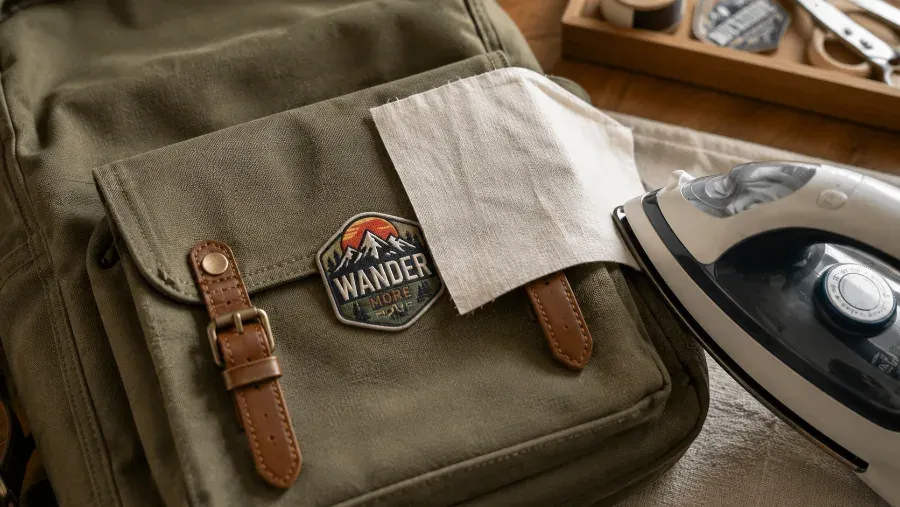 Iron-on patch being applied to a canvas backpack with a household iron and pressing cloth