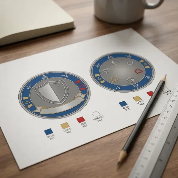 Artwork proof sheet for a custom challenge coin design being reviewed before production