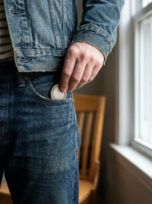 Person placing a custom challenge coin into their pocket