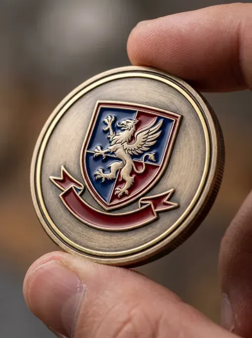 Close-up of a custom challenge coin showing detailed crest and insignia design