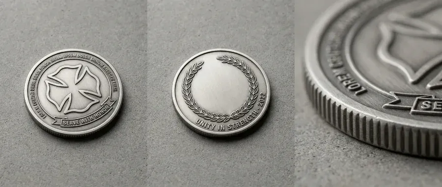 Challenge coin front, back, and edge detail shown across an ultrawide layout