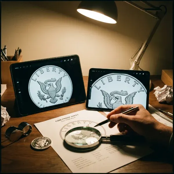 Reviewing a printed challenge coin proof alongside a digital design on a tablet