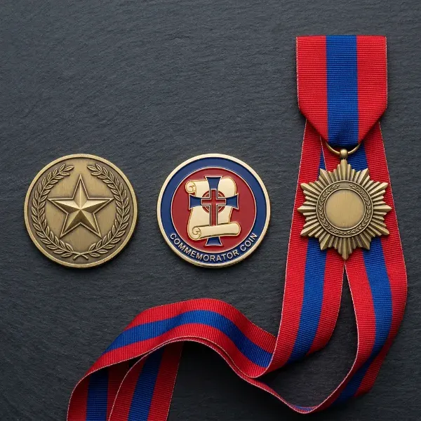 Challenge coin, commemorative coin, and medal with ribbon compared side by side