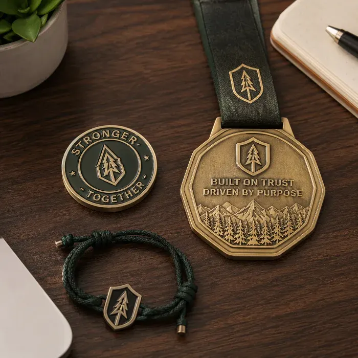 Challenge coin, medal with ribbon, and charm bracelet displayed together for employee recognition
