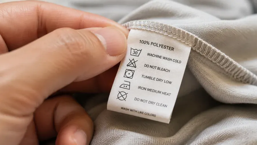 Hand checking a garment's fabric care tag before removing an iron-on label