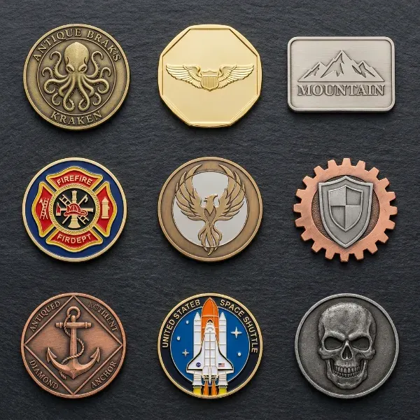 Grid of past custom challenge coin designs showing different finishes and shapes