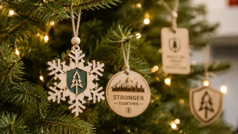 Custom ornament hanging on a Christmas tree with warm string lights