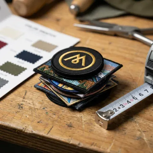 Stack of custom patches in varying sizes and design complexity next to a color swatch card