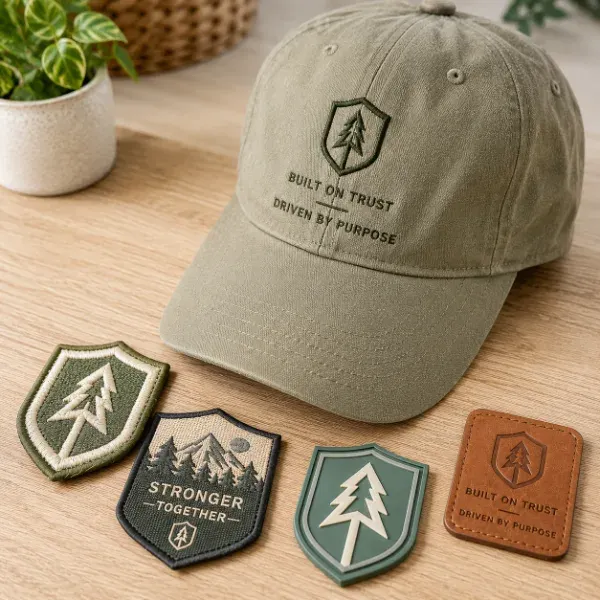 Embroidered, woven, PVC, and leather patches shown side by side with a custom cap