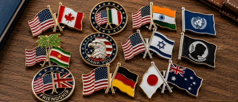 Table display of custom lapel pins and keychains set up for a community recognition event