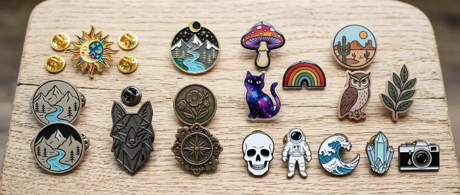 Flat-lay of enamel pins in gold, nickel, black nickel, and antique plating next to acrylic pins in matte and gloss finish