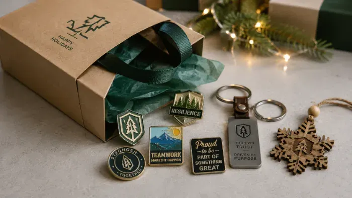 Enamel pins and custom keychains spilling out of a holiday party favor bag