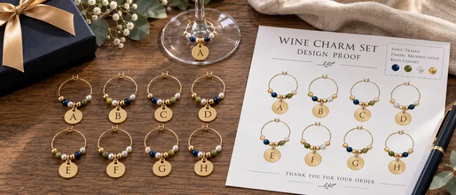 Finished set of custom metal wine charms displayed with a design proof sheet