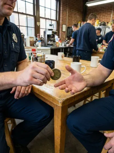 Firefighter handing a challenge coin to a colleague at the firehouse
