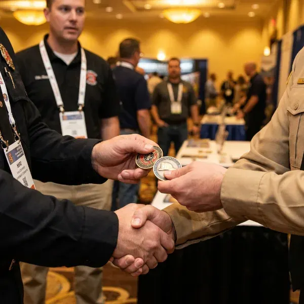 Two firefighters exchanging challenge coins during a handshake at a fire service conference