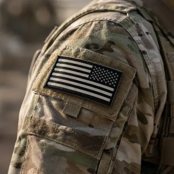 Reversed U.S. flag patch correctly placed on the right shoulder of a uniform sleeve, illustrating proper Army patch placement standards.