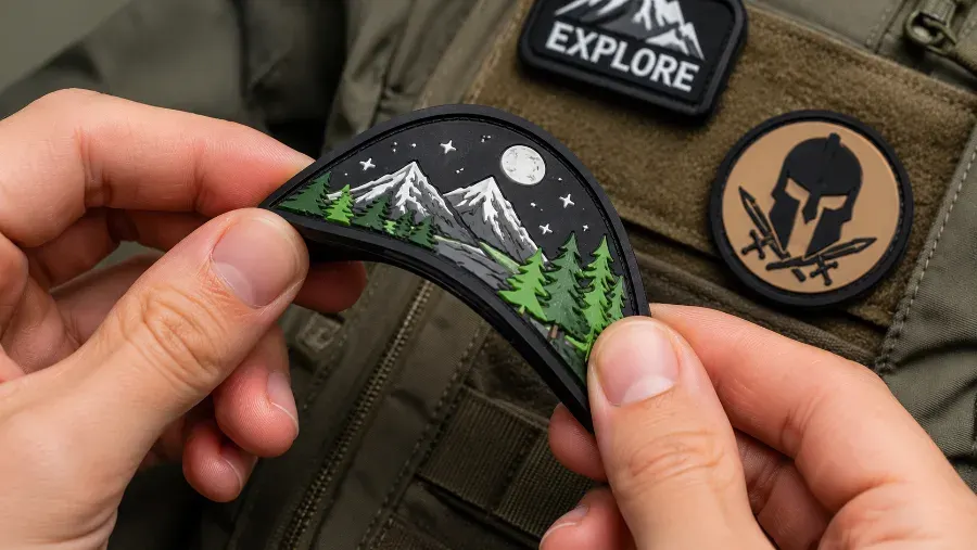 A flexible patch being bent by hand to demonstrate its tensile strength and durability.