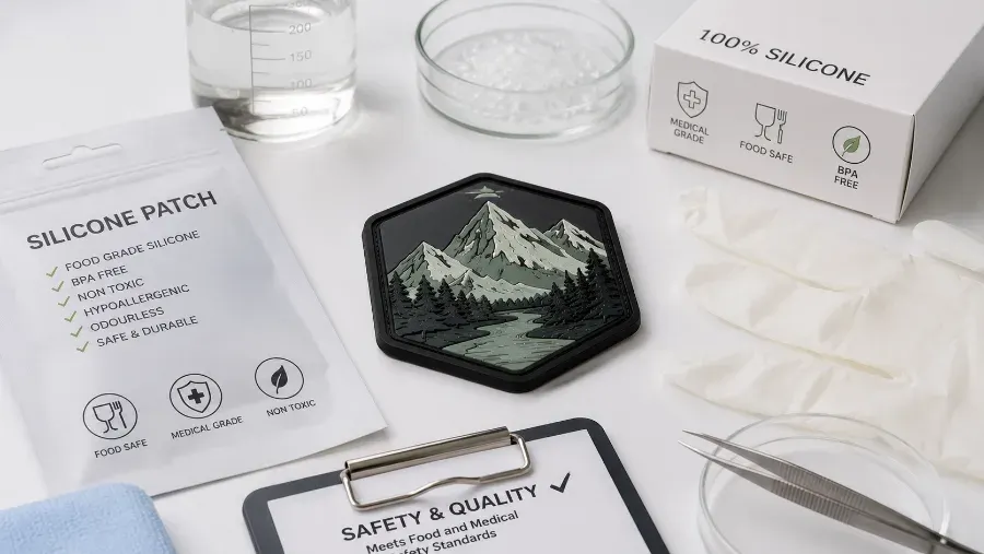 Silicone patch material shown in a clean, clinical setting representing food-safe and medical-grade standards.