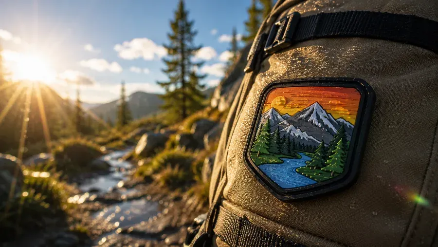 A durable patch on outdoor gear in bright sunlight, showing resistance to UV and weather exposure.