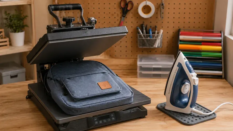 Small heat press open with a backpack and patch inside, next to a household iron for comparison