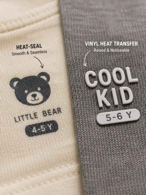 Close-up comparison of heat seal label and vinyl label textures on fabric