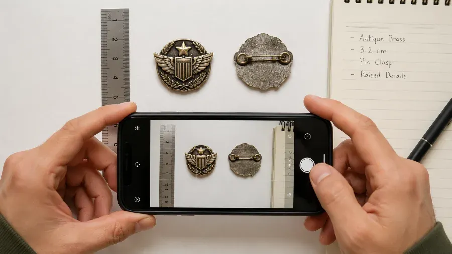 Smartphone photographing the front and back of a military pin next to a ruler for accurate identification