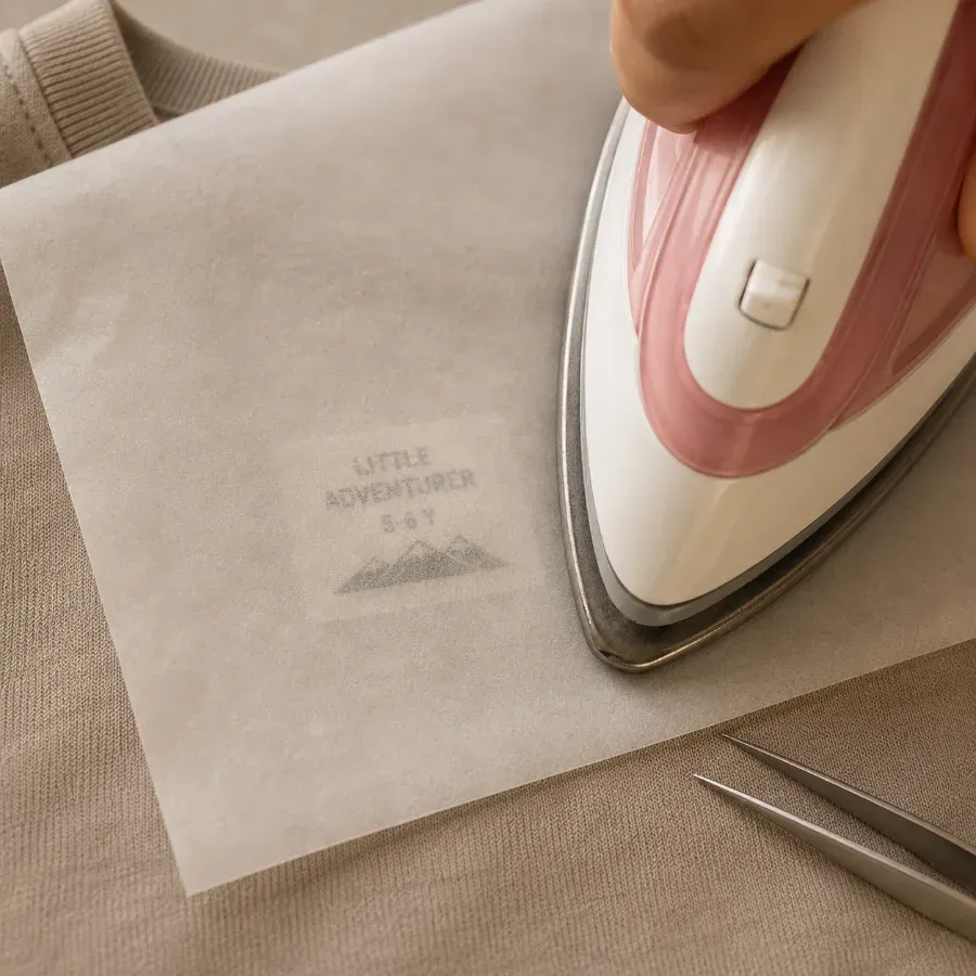 Iron pressing over parchment paper to safely remove a heat seal label